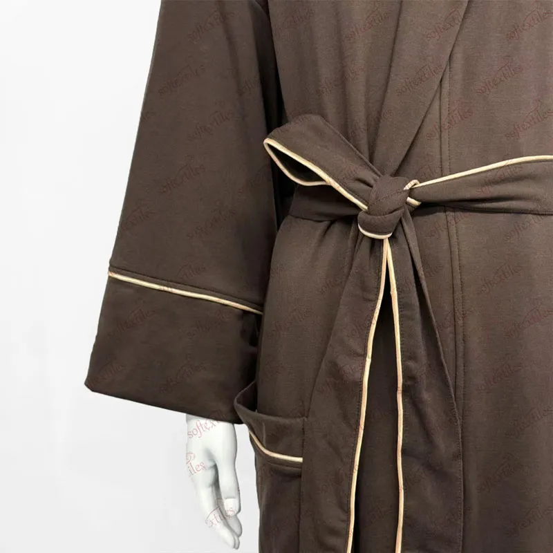 Brown White Contrast Trim Bathrobe - Detail View, Cupro, Shawl Collar / Piped Trim, Grey, 280GSM, Image 4