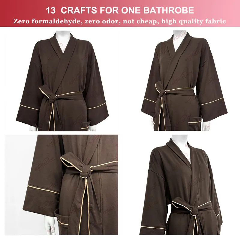 Brown White Contrast Trim Bathrobe - Detail View, Cupro, Shawl Collar / Piped Trim, Grey, 280GSM, Image 5