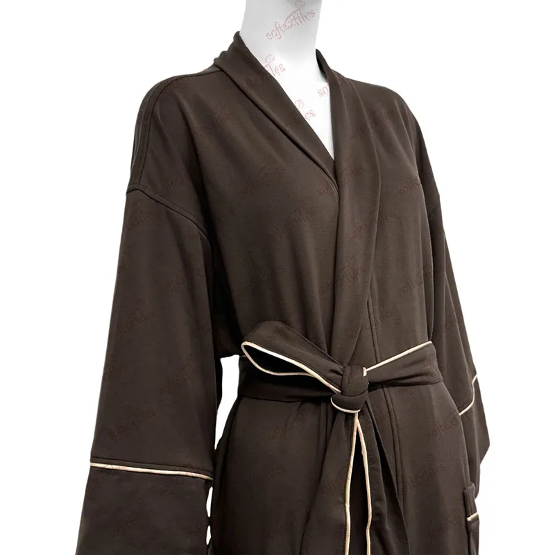 Brown White Contrast Trim Bathrobe - Three-Quarter Front View, Cupro, Shawl Collar / Piped Trim, Grey, 280GSM, Image 6