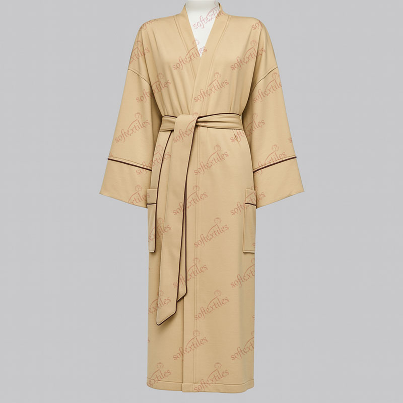 Milk Brown Contrast Trim Bathrobe - Front View, Cupro, Piped Trim / Shawl Collar, Gold, 280GSM, Image 1