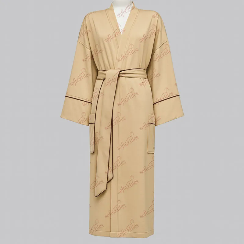 Milk Brown Contrast Trim bathrobe hero view, image 1, showing robe silhouette, fit impression, and overall styling.