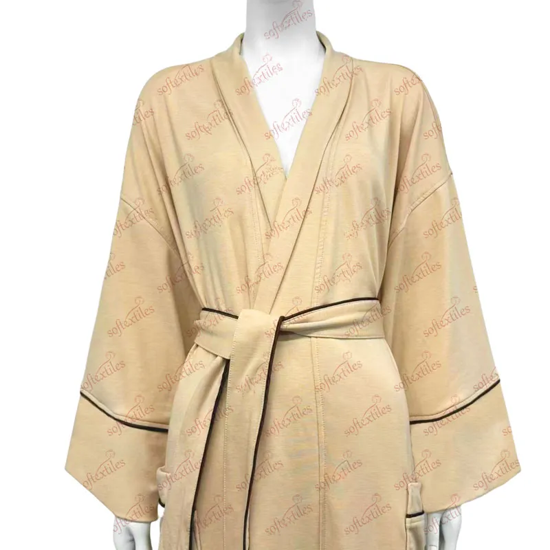 Milk Brown Contrast Trim Bathrobe - Collar Detail, Cupro, Piped Trim / Shawl Collar, Gold, 280GSM, Image 2