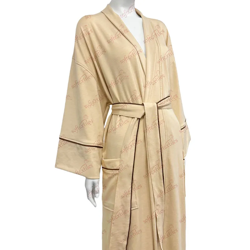 Milk Brown Contrast Trim Bathrobe - Left Side View, Cupro, Piped Trim / Shawl Collar, Gold, 280GSM, Image 3