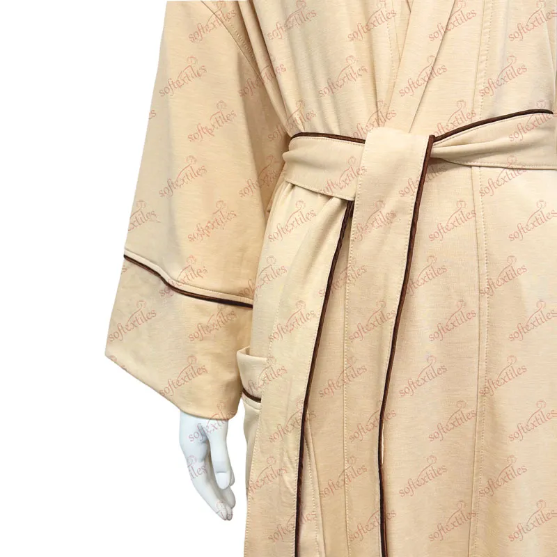 Milk Brown Contrast Trim Bathrobe - Detail View, Cupro, Piped Trim / Shawl Collar, Gold, 280GSM, Image 4