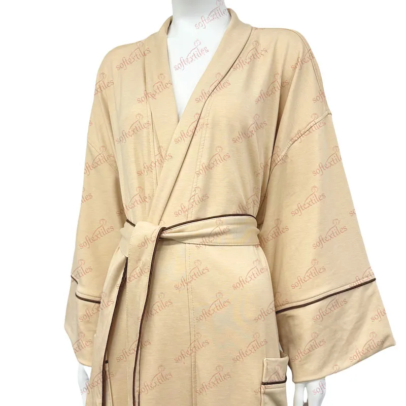 Milk Brown Contrast Trim Bathrobe - Front View, Cupro, Piped Trim / Shawl Collar, Gold, 280GSM, Image 5