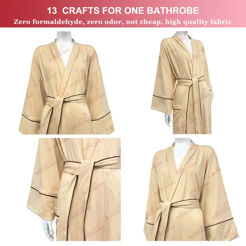 Milk Brown Contrast Trim Bathrobe - Detail View, Cupro, Piped Trim / Shawl Collar, Gold, 280GSM, Image 6