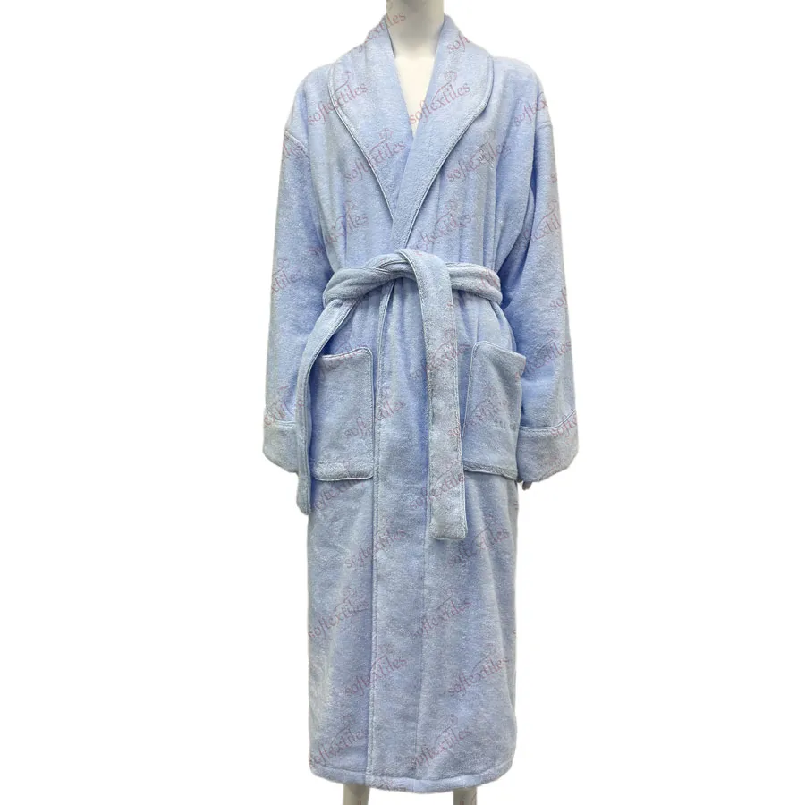 Blue Terry Contrast Trim bathrobe texture review, image 2, showing fabric texture, absorbency cues, and surface handfeel.