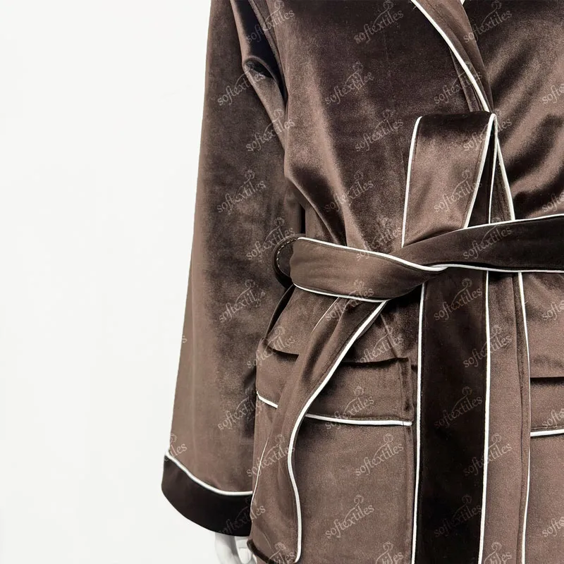 Coffee Brown Bathrobe - Detail View, Polyester, Shawl Collar / Piped Trim, Brown, 500GSM, Image 2