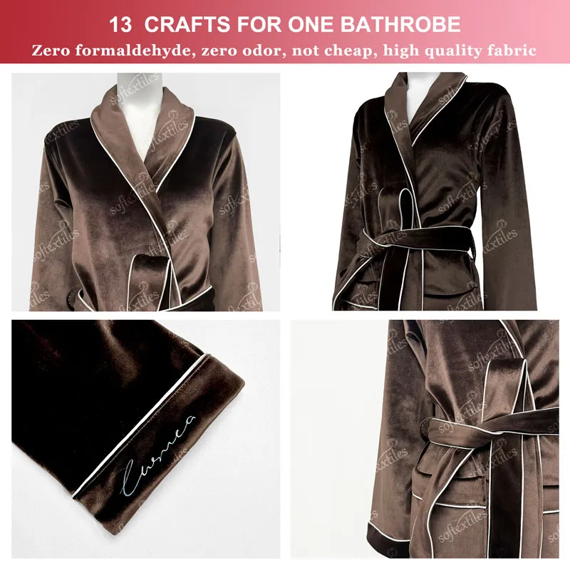 Coffee Brown Bathrobe - Detail View, Polyester, Shawl Collar / Piped Trim, Brown, 500GSM, Image 5