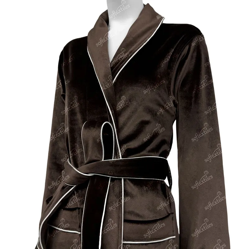 Coffee Brown Bathrobe - Right Side View, Polyester, Shawl Collar / Piped Trim, Brown, 500GSM, Image 7