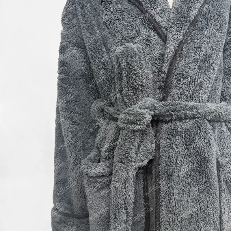 Charcoal Coral Fleece Bathrobe - Detail View, Polyester, Shawl Collar, Charcoal, 400GSM, Image 6