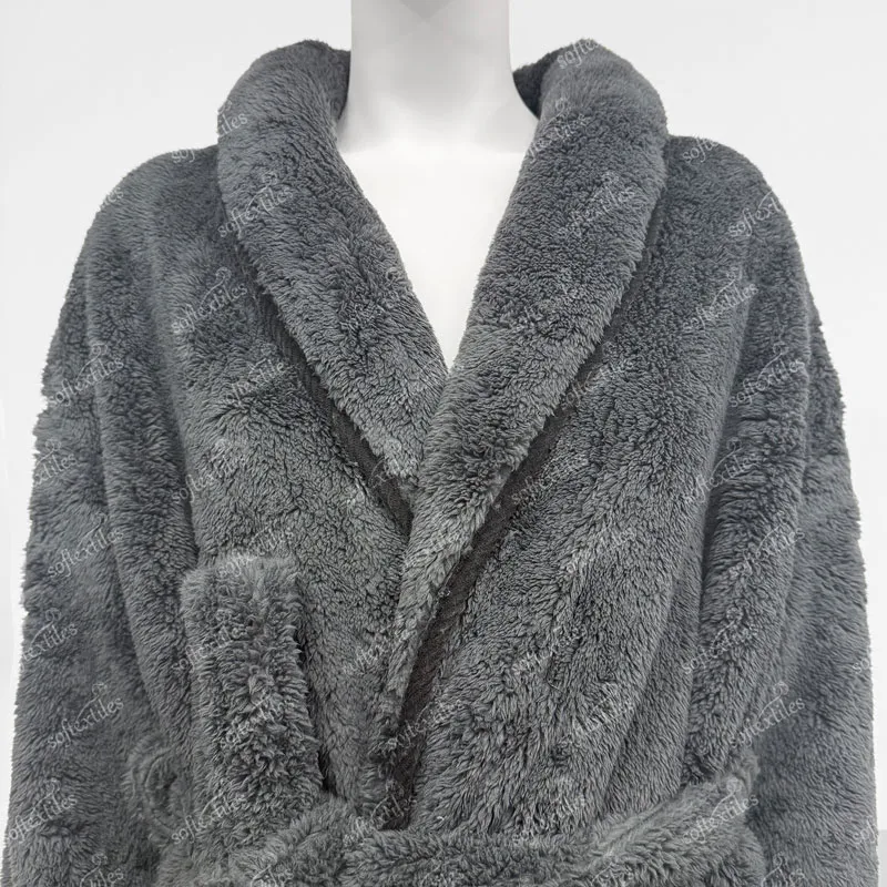 Charcoal Coral Fleece Bathrobe - Collar Detail, Polyester, Shawl Collar, Charcoal, 400GSM, Image 7
