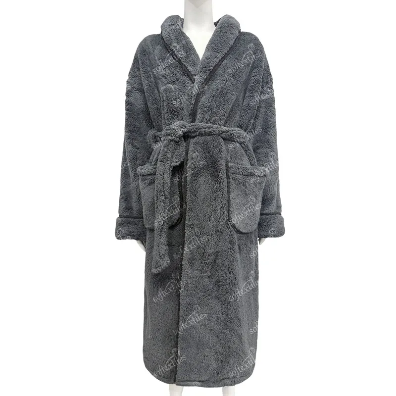 Charcoal Coral Fleece Bathrobe - Front View, Polyester, Shawl Collar, Charcoal, 400GSM, Image 8