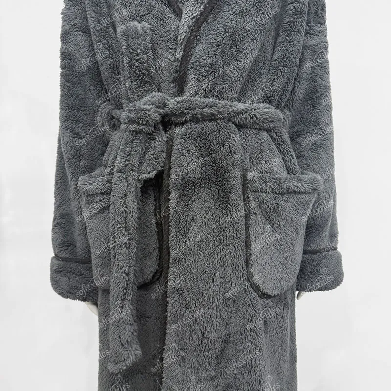 Charcoal Coral Fleece Bathrobe - Detail View, Polyester, Shawl Collar, Charcoal, 400GSM, Image 10