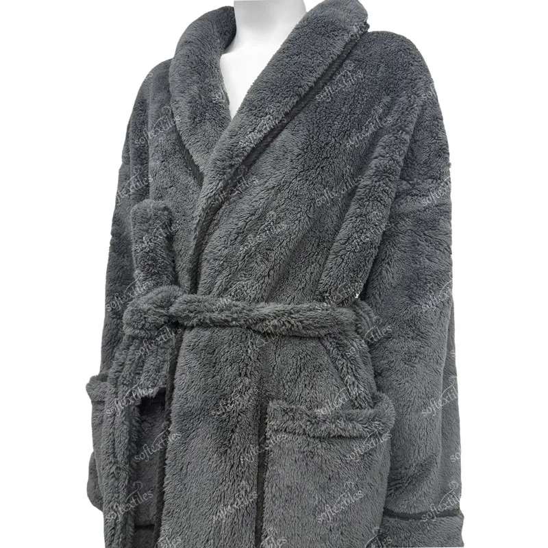 Charcoal Coral Fleece Bathrobe - Right Side View, Polyester, Shawl Collar, Charcoal, 400GSM, Image 11