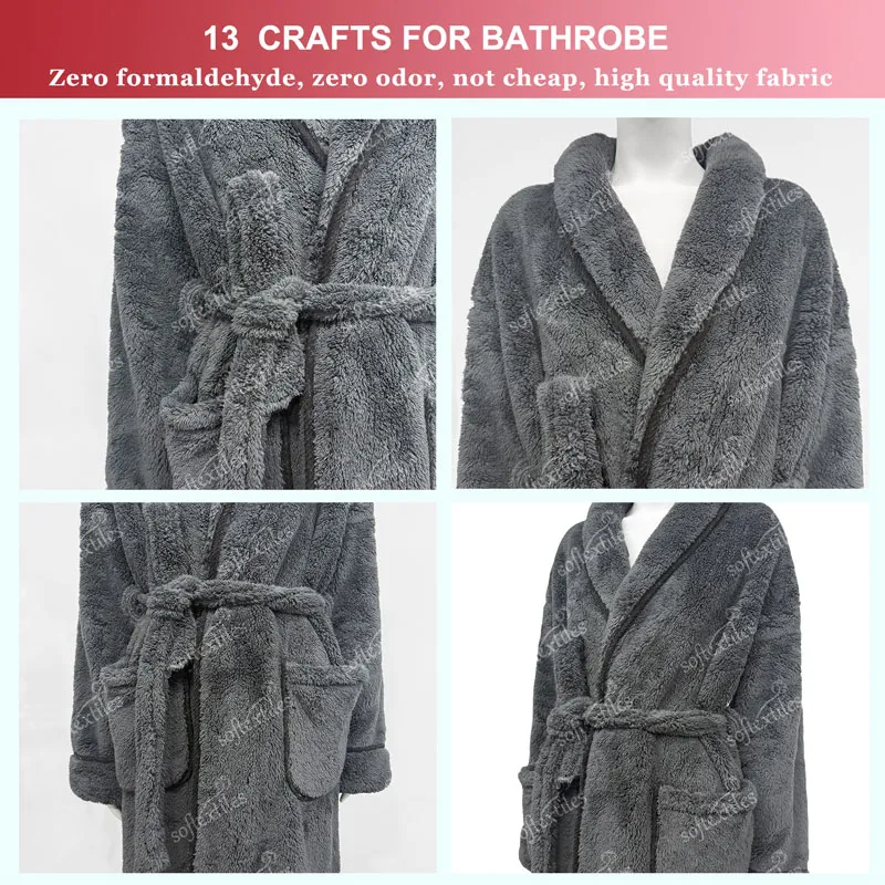 Charcoal Coral Fleece Bathrobe - Detail View, Polyester, Shawl Collar, Charcoal, 400GSM, Image 12