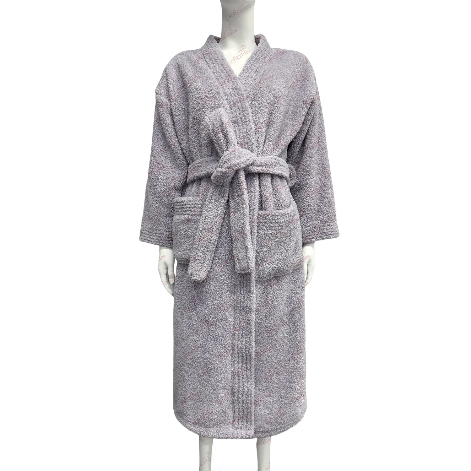 Purple Coral Fleece Kimono Bathrobe - Front View, Polyester, Kimono, Purple, 300GSM, Image 7