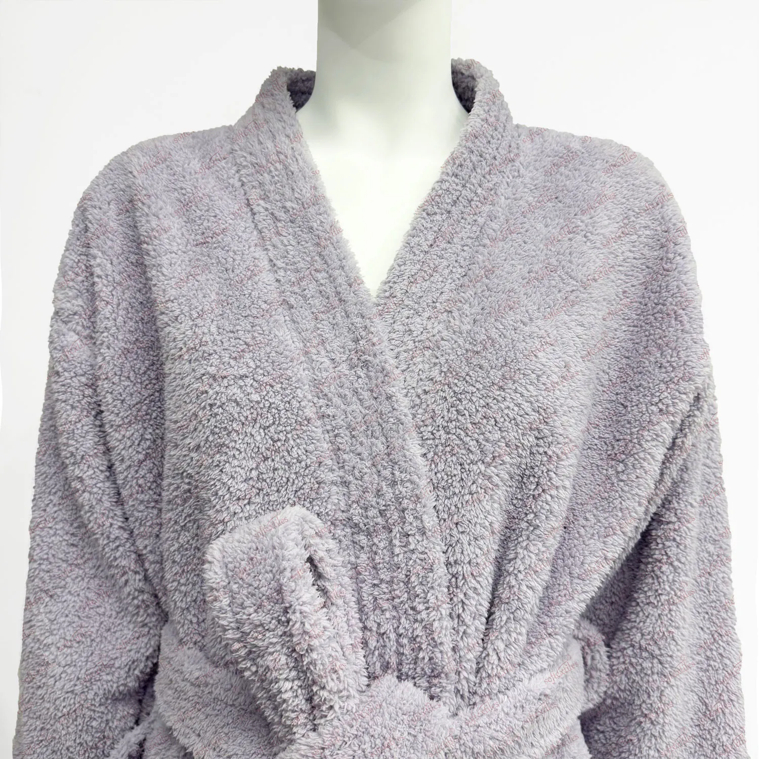Purple Coral Fleece Kimono Bathrobe - Collar Detail, Polyester, Kimono, Purple, 300GSM, Image 8