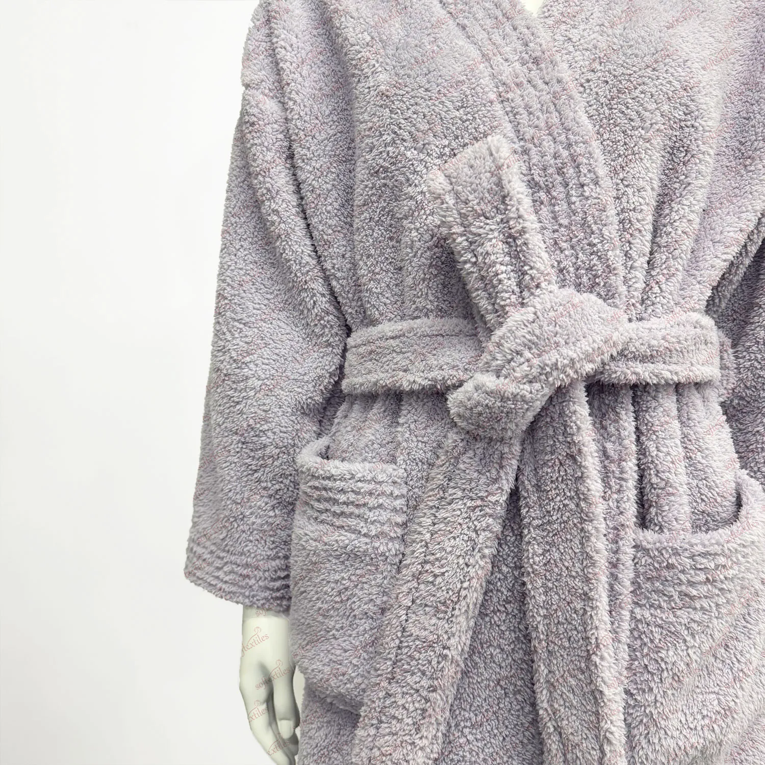 Purple Coral Fleece Kimono Bathrobe - Detail View, Polyester, Kimono, Purple, 300GSM, Image 9