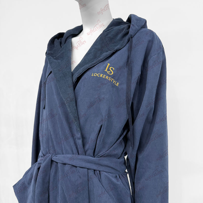 Peach Skin Lounge Bathrobe - Right Side View, Polyester, Embroidered / Hooded, Blue, 350GSM, Image 1