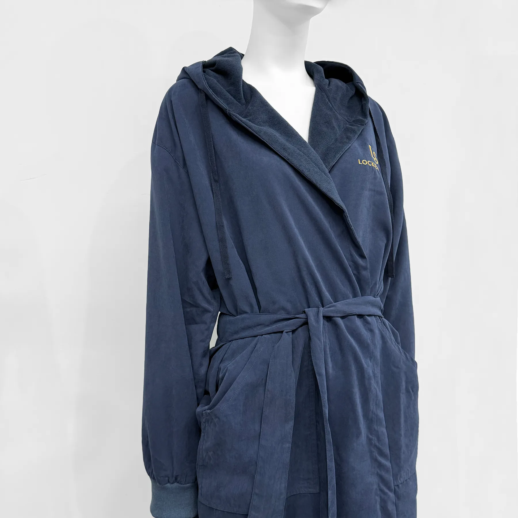 Peach Skin Lounge Bathrobe - Front View, Polyester, Embroidered / Hooded, Blue, 350GSM, Image 5