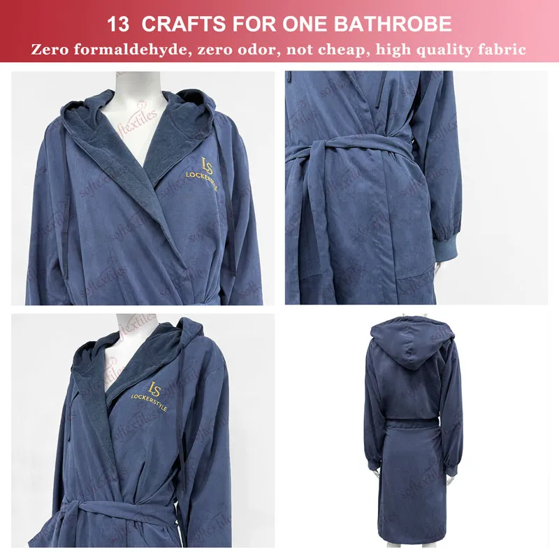 Peach Skin Lounge Bathrobe - Detail View, Polyester, Embroidered / Hooded, Blue, 350GSM, Image 9