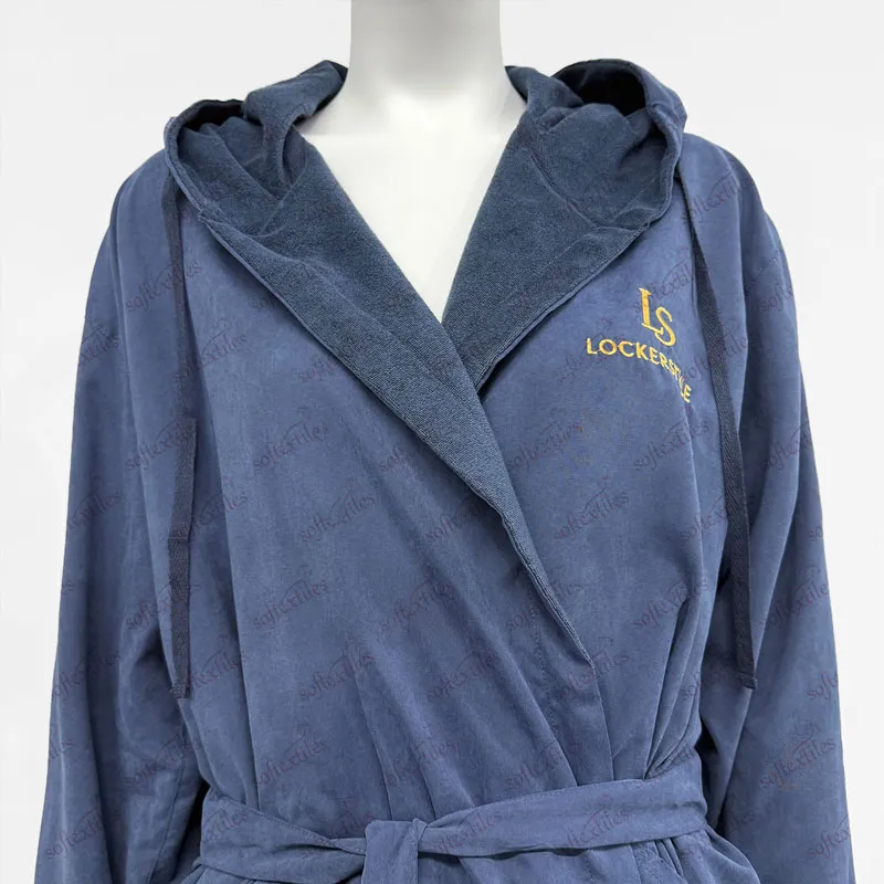 Peach Skin Lounge Bathrobe - Collar Detail, Polyester, Embroidered / Hooded, Blue, 350GSM, Image 8