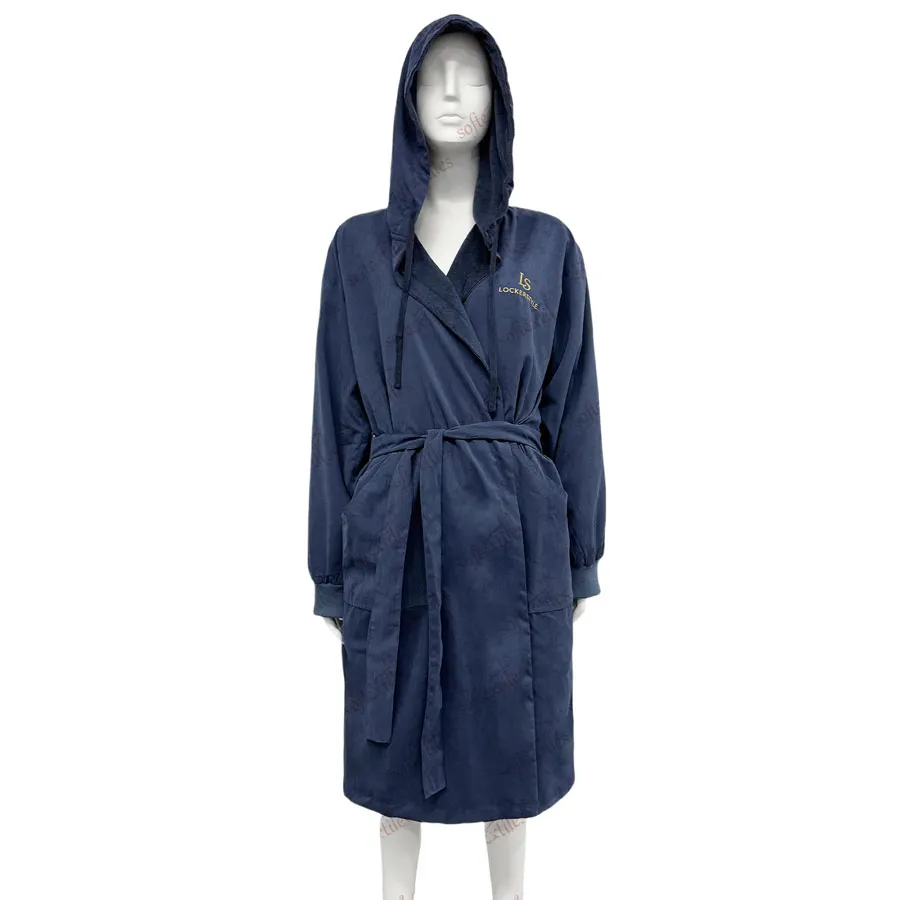Peach Skin Lounge Bathrobe - Front View, Polyester, Embroidered / Hooded, Blue, 350GSM, Image 10