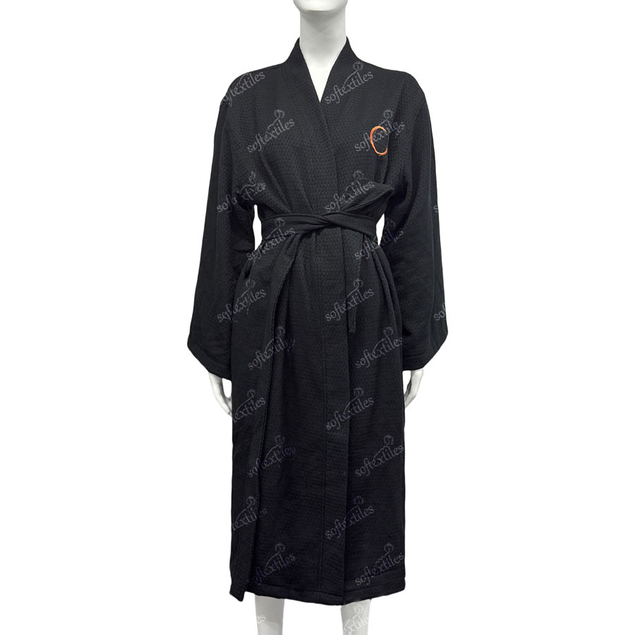 Black Waffle Bathrobe - Front View, Cotton, Embroidered / Kimono, Black, 250GSM, Image 1