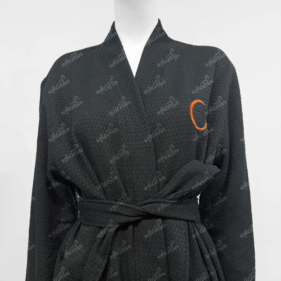 Black Waffle Bathrobe - Collar Detail, Cotton, Embroidered / Kimono, Black, 250GSM, Image 2