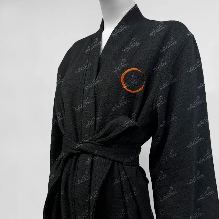 Black Waffle Bathrobe - Right Side View, Cotton, Embroidered / Kimono, Black, 250GSM, Image 3