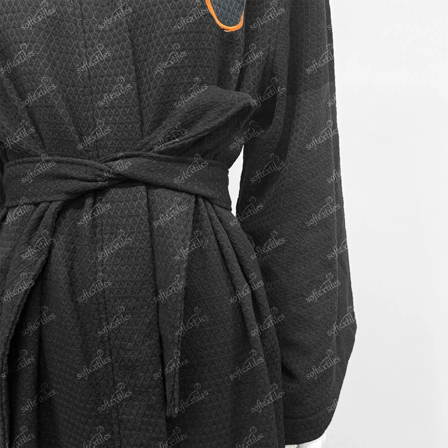 Black Waffle Bathrobe - Detail View, Cotton, Embroidered / Kimono, Black, 250GSM, Image 4