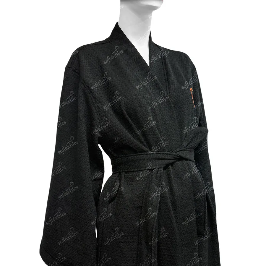 Black Waffle Bathrobe - Left Side View, Cotton, Embroidered / Kimono, Black, 250GSM, Image 5
