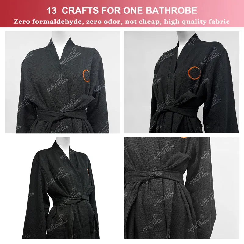 Black Waffle Bathrobe - Detail View, Cotton, Embroidered / Kimono, Black, 250GSM, Image 6