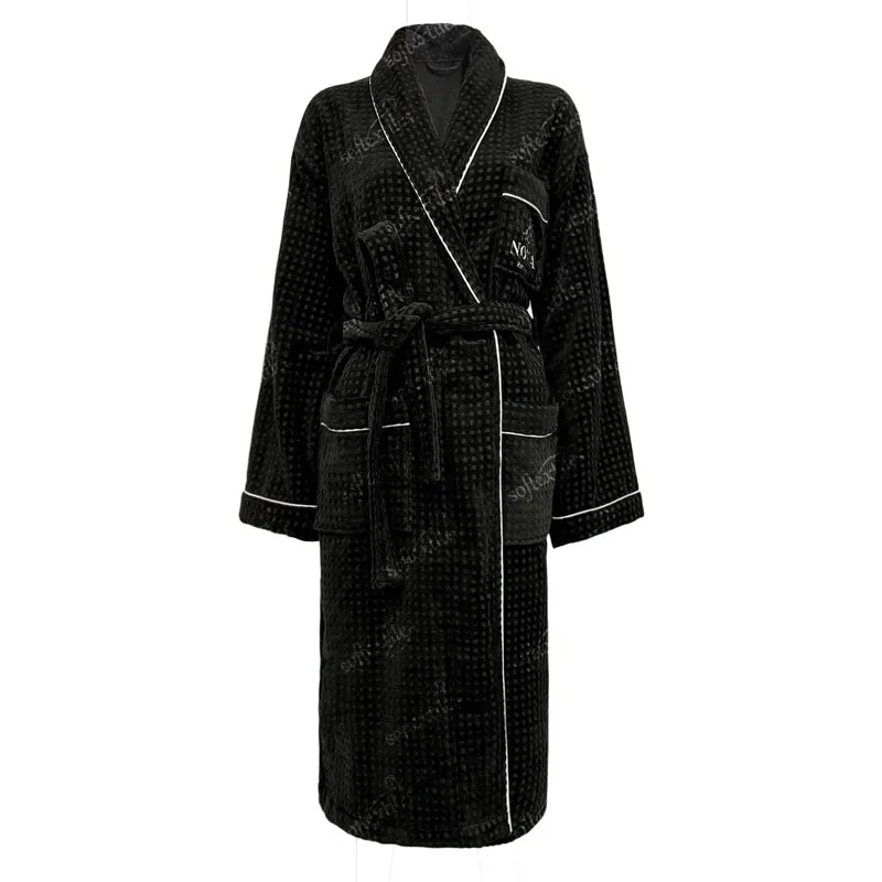 Charcoal Gray Embroidered Contrast Trim bathrobe collar reference, image 3, showing collar shape, neckline finishing, and edge construction.