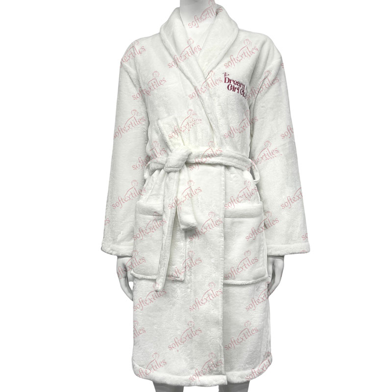 Coral Fleece Bathrobe - Front View, Polyester, Shawl Collar / Embroidered, White, 300GSM, Image 1