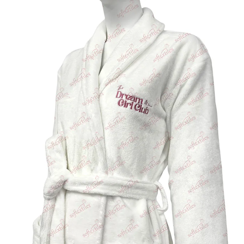 Coral Fleece Bathrobe - Right Side View, Polyester, Shawl Collar / Embroidered, White, 300GSM, Image 4
