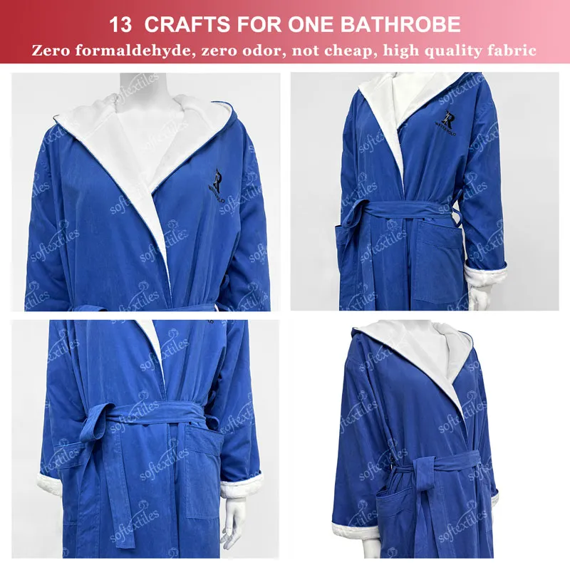 Blue Peach Skin Bathrobe - Detail View, Polyester, Double Layer / Embroidered, Blue, 350GSM, Image 6