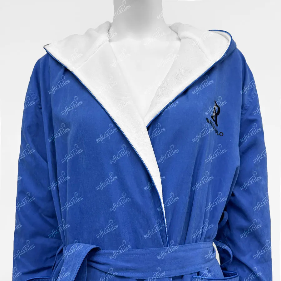 Blue Peach Skin Bathrobe - Collar Detail, Polyester, Double Layer / Embroidered, Blue, 350GSM, Image 2