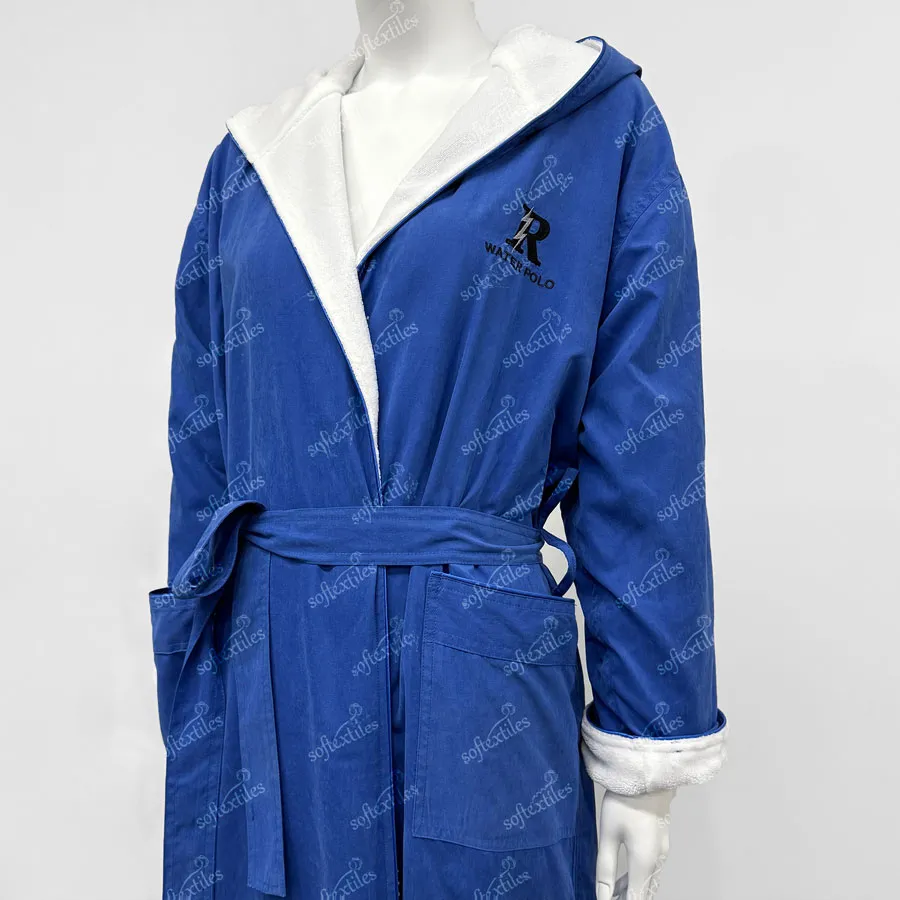 Blue Peach Skin Bathrobe - Right Side View, Polyester, Double Layer / Embroidered, Blue, 350GSM, Image 3