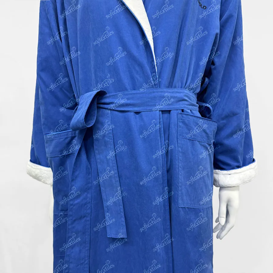 Blue Peach Skin Bathrobe - Detail View, Polyester, Double Layer / Embroidered, Blue, 350GSM, Image 4