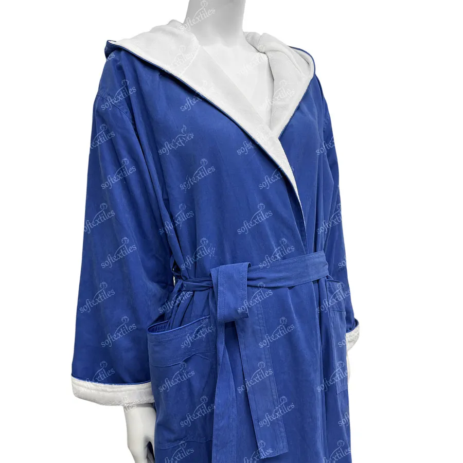 Blue Peach Skin Bathrobe - Left Side View, Polyester, Double Layer / Embroidered, Blue, 350GSM, Image 5
