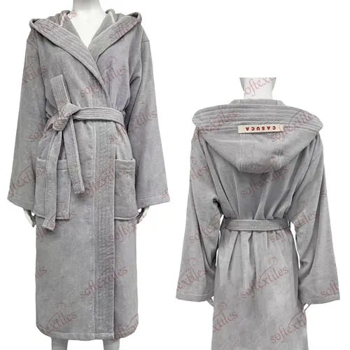 Grey Hooded bathrobe detail view, image 10, showing robe silhouette, fit impression, and overall styling.