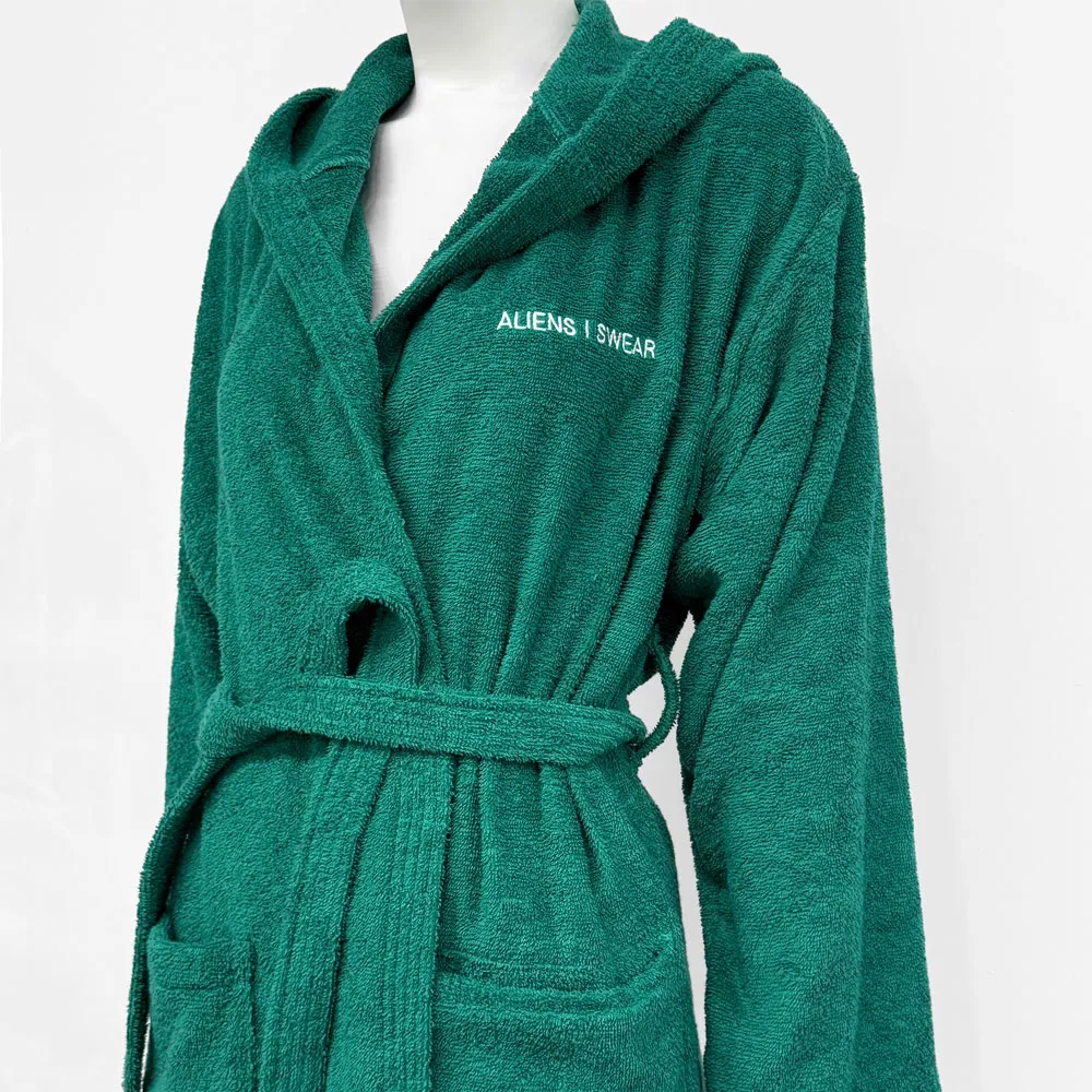 Light Green Terry Hooded Bathrobe - Right Side View, Cotton, Hooded / Embroidered, Blue, 400GSM, Image 2
