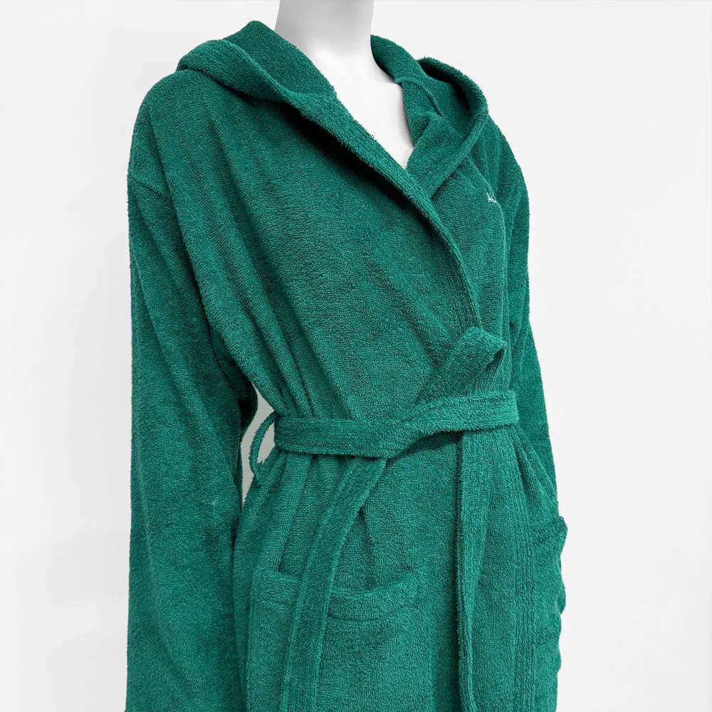 Light Green Terry Hooded Bathrobe - Left Side View, Cotton, Hooded / Embroidered, Blue, 400GSM, Image 7