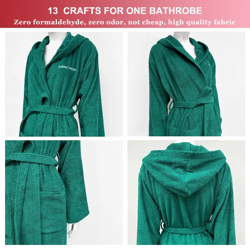 Light Green Terry Hooded Bathrobe - Detail View, Cotton, Hooded / Embroidered, Blue, 400GSM, Image 6