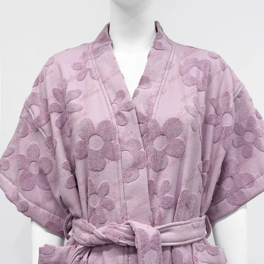Purple Flower Jacquard bathrobe hero view, image 1, showing robe silhouette, fit impression, and overall styling.